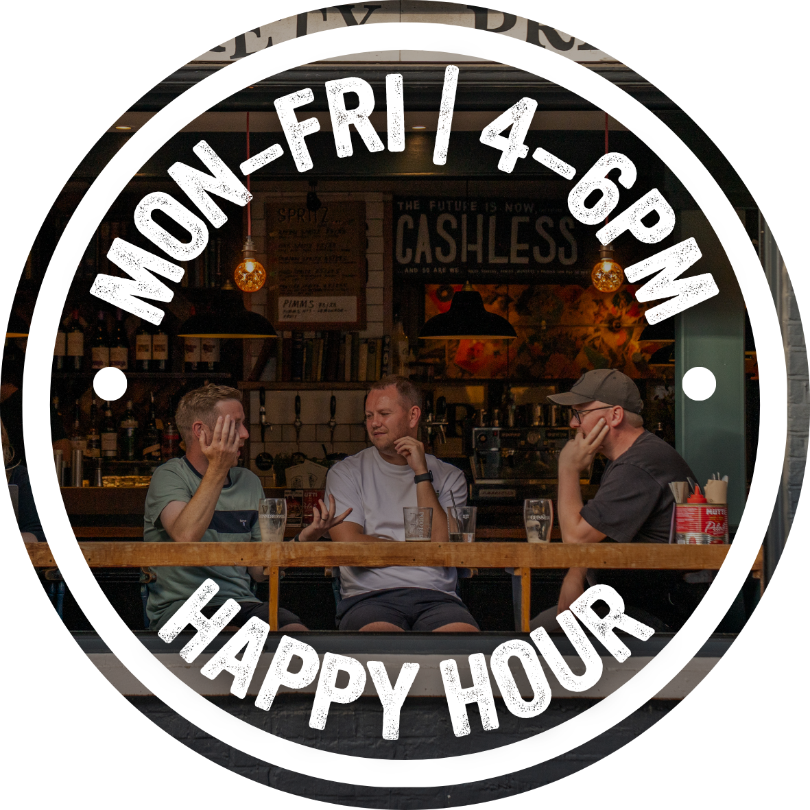 After Work Club happy hour badge, Monday to Friday 4pm to 6pm, over a photo of friends at the bar