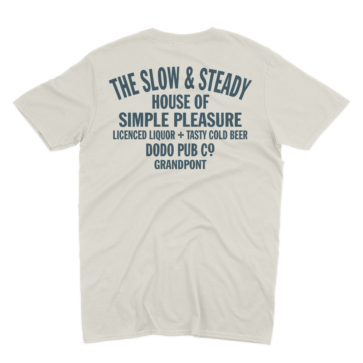 Back of a white The Slow & Steady T-shirt from Dodo Pub Co, Grandpont