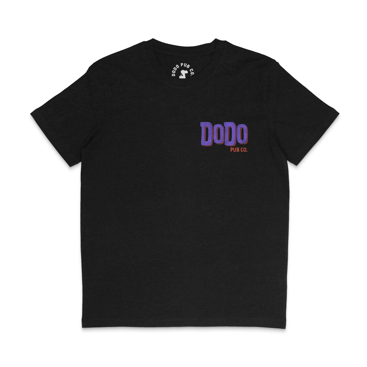 Front of a black Dodo Pub Co Lightning T-shirt with a purple Dodo chest logo