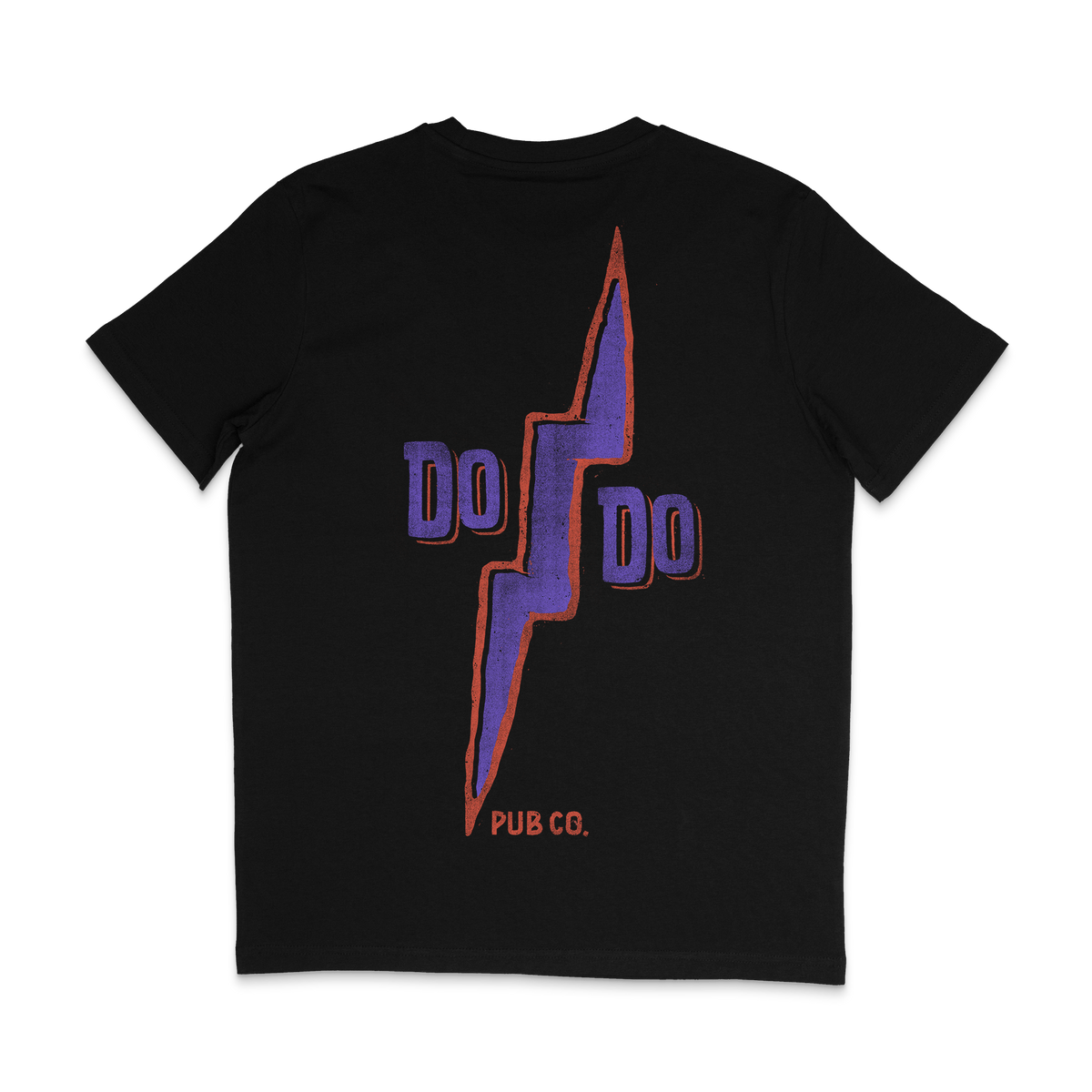 Back of a black Dodo Pub Co Lightning T-shirt with a large purple lightning bolt Dodo graphic