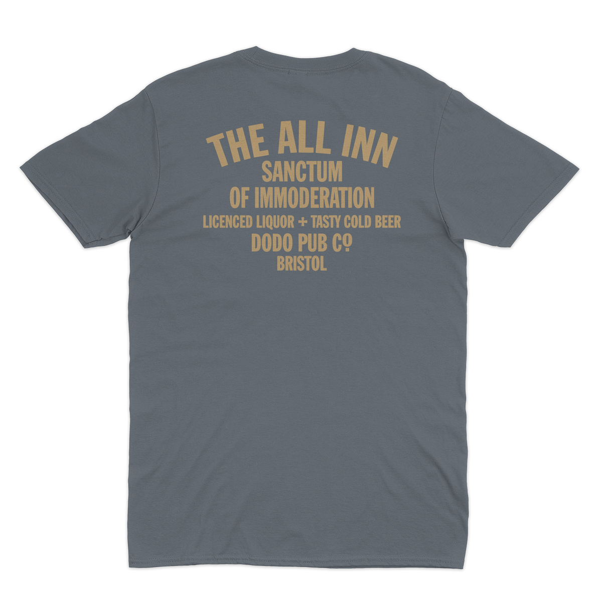 Back of a grey The All Inn T-shirt from Dodo Pub Co, Bristol