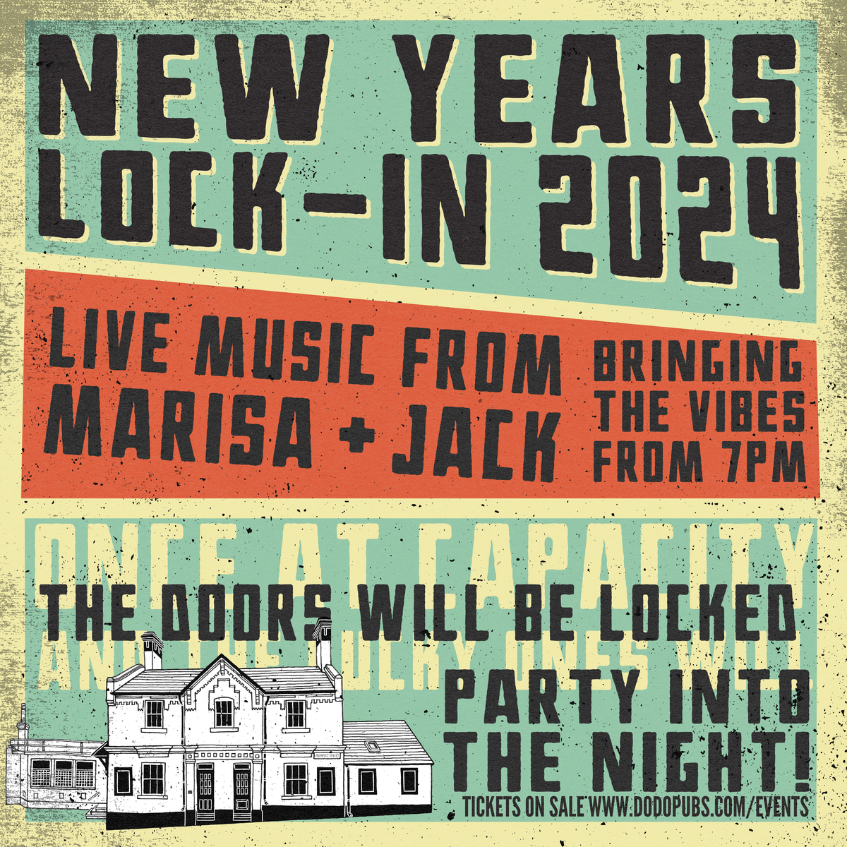 New Year's Lock-In 2024 poster for The Last Crumb with live music from Marisa and Jack from 7pm