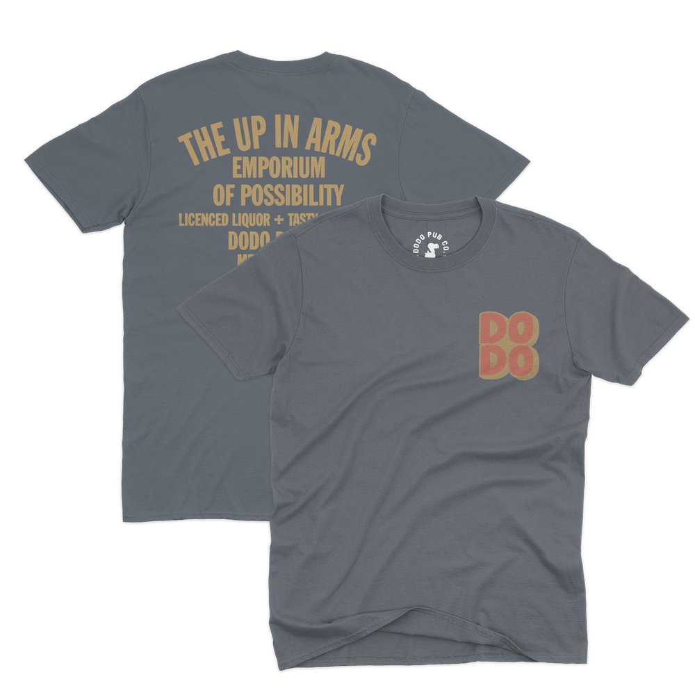 Grey The Up In Arms T-shirt from Dodo Pub Co, shown front and back