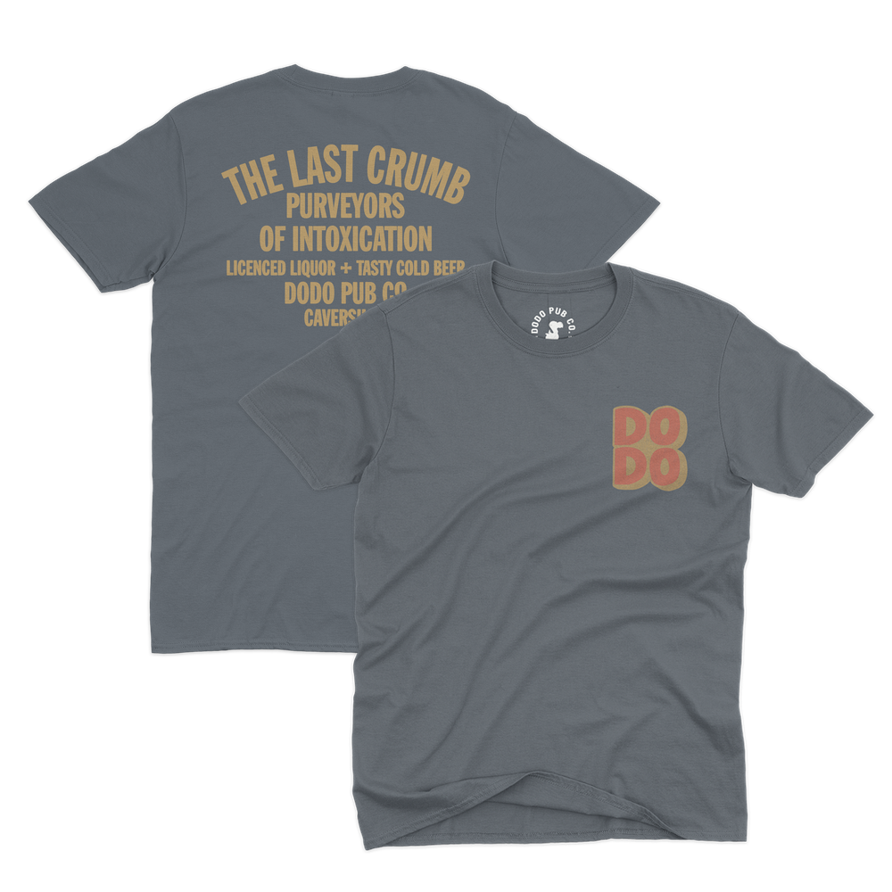 Grey The Last Crumb T-shirt from Dodo Pub Co, Caversham, shown front and back