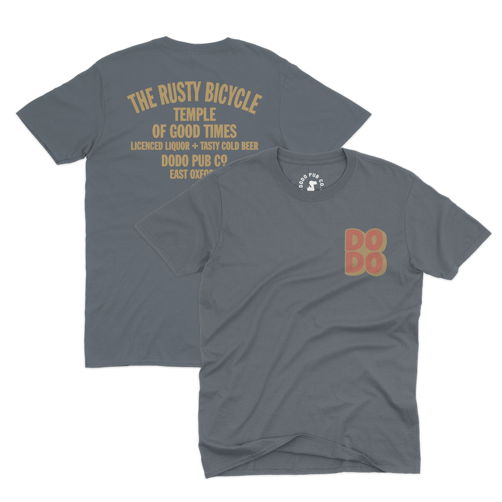 Grey The Rusty Bicycle T-shirt from Dodo Pub Co, East Oxford, shown front and back