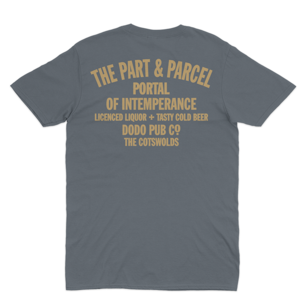 Back of a grey The Part & Parcel T-shirt from Dodo Pub Co, The Cotswolds