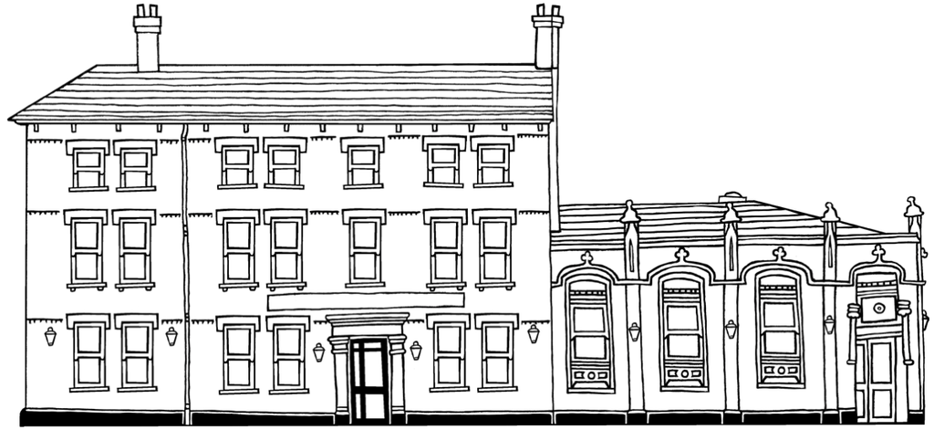 Line illustration of The Bottle of Sauce pub building