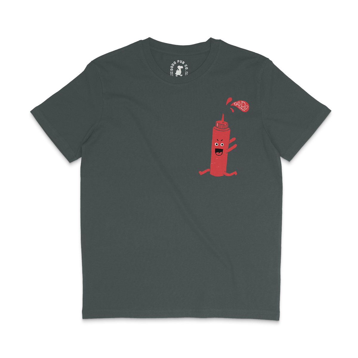 Charcoal Dodo Ketchup T-shirt with a ketchup bottle character on the chest