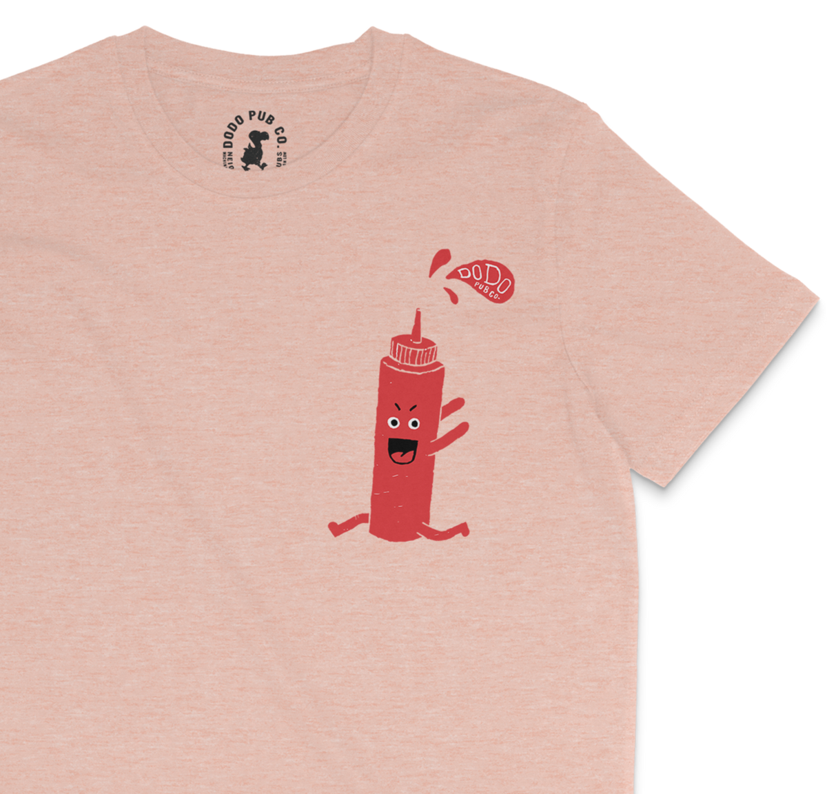 Close-up of a pink Dodo Ketchup T-shirt with a ketchup bottle character