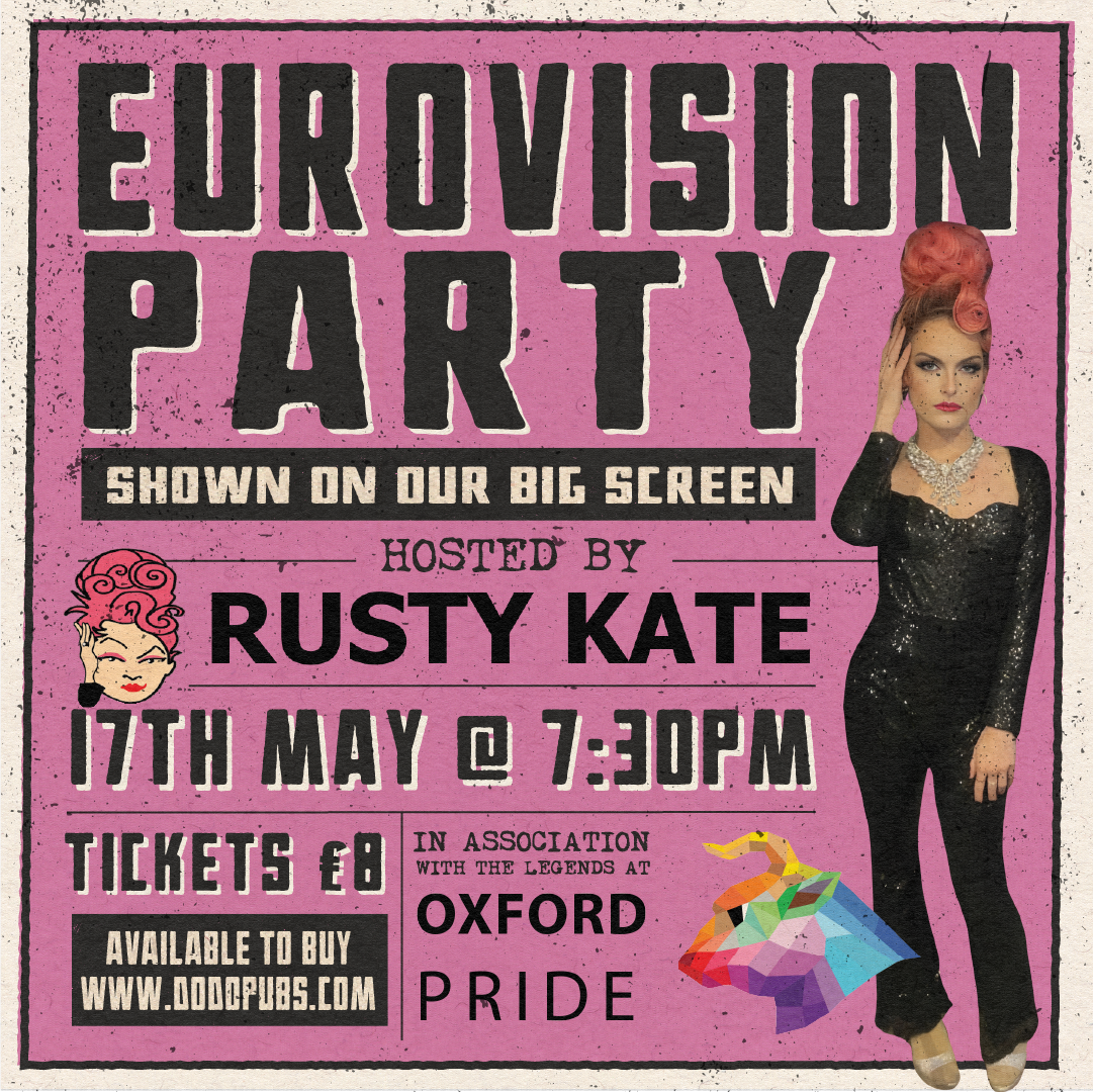 Eurovision Party poster hosted by Rusty Kate on 17 May at 7:30pm, in association with Oxford Pride