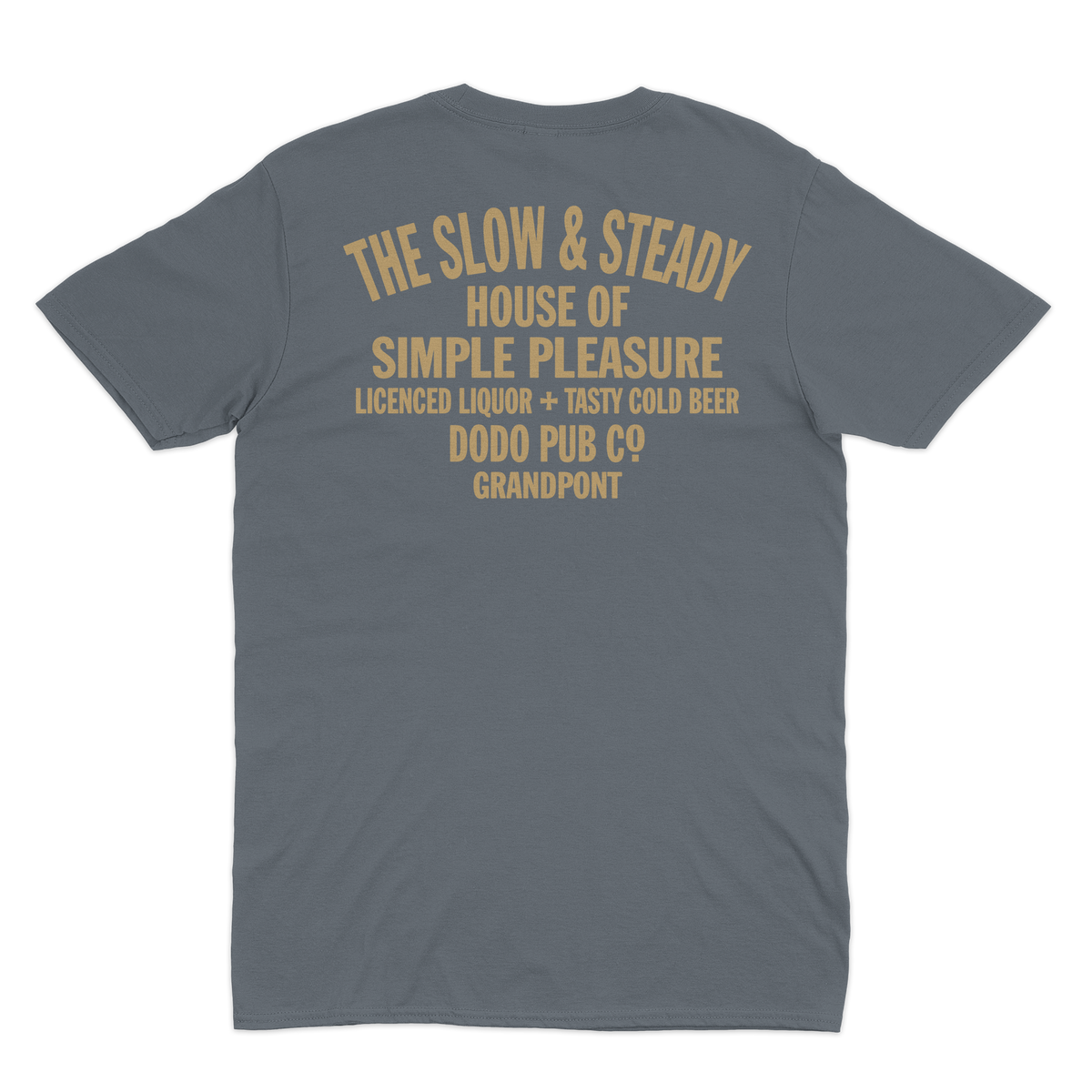 Back of a dark grey The Slow & Steady T-shirt from Dodo Pub Co, Grandpont