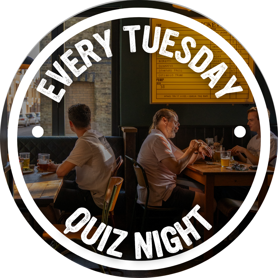 Quiz Night badge over a photo of customers at a pub table, every Tuesday