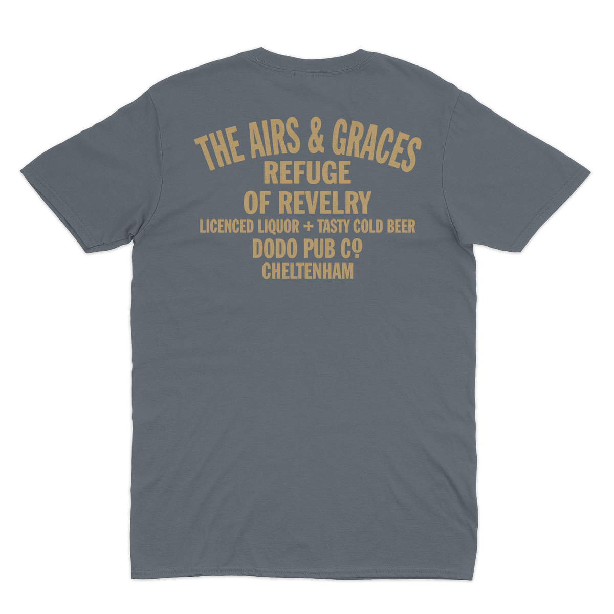 Back of a dark grey The Airs & Graces T-shirt from Dodo Pub Co, Cheltenham