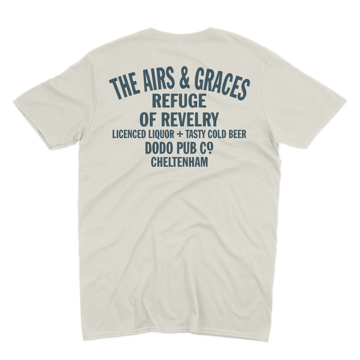 Back of a white The Airs & Graces T-shirt from Dodo Pub Co, Cheltenham