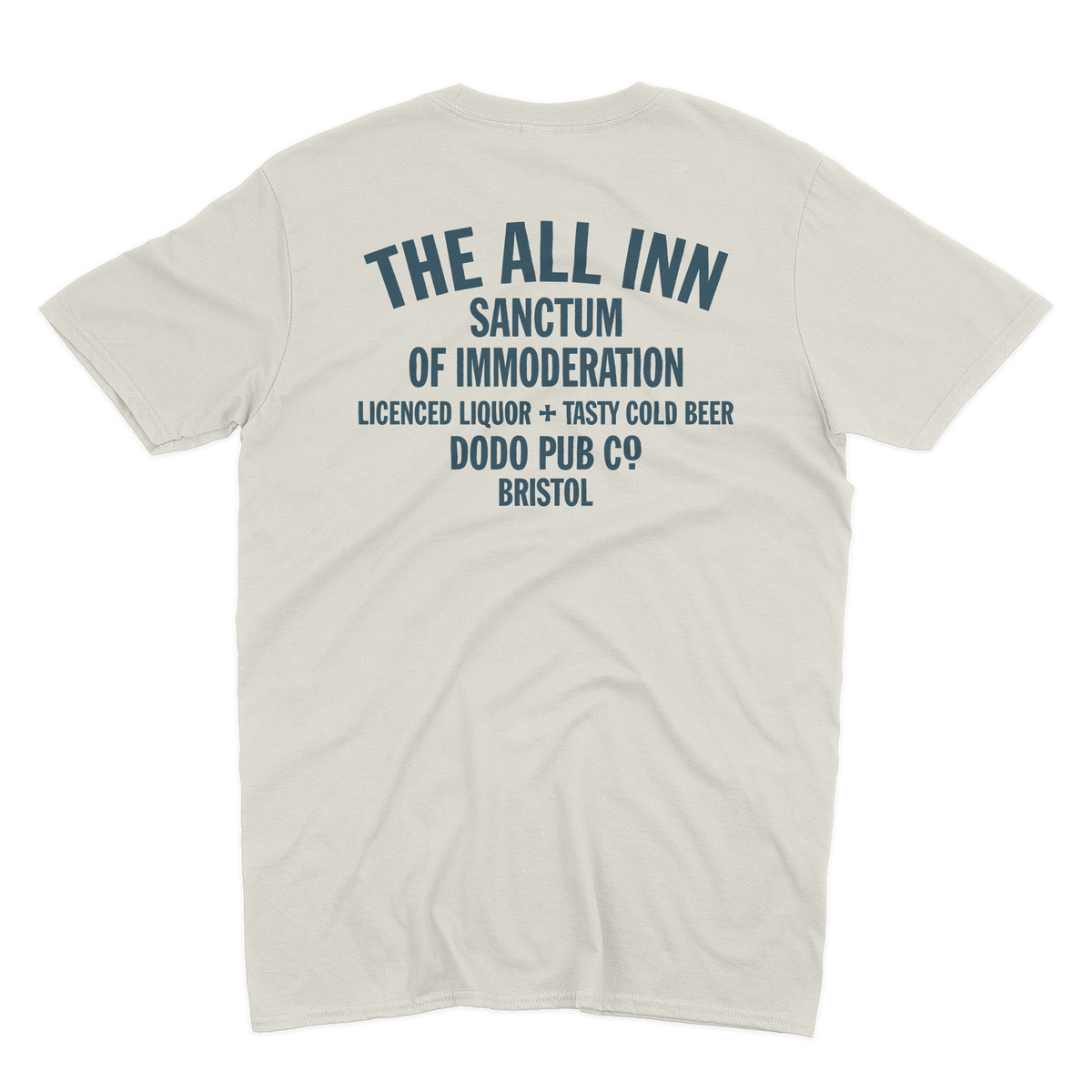 Back of an ecru The All Inn T-shirt from Dodo Pub Co, Bristol