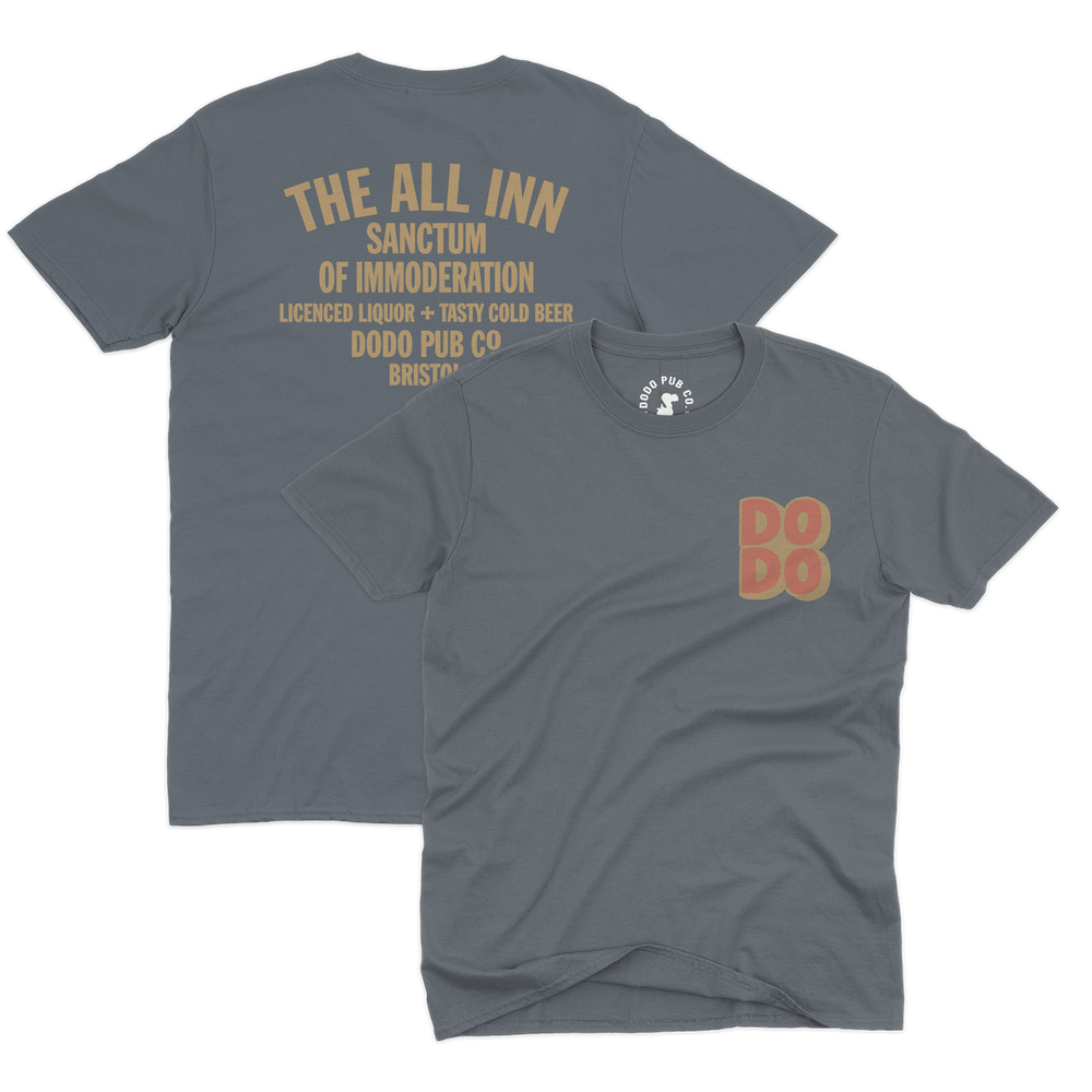 Grey The All Inn T-shirt from Dodo Pub Co, Bristol, shown front and back