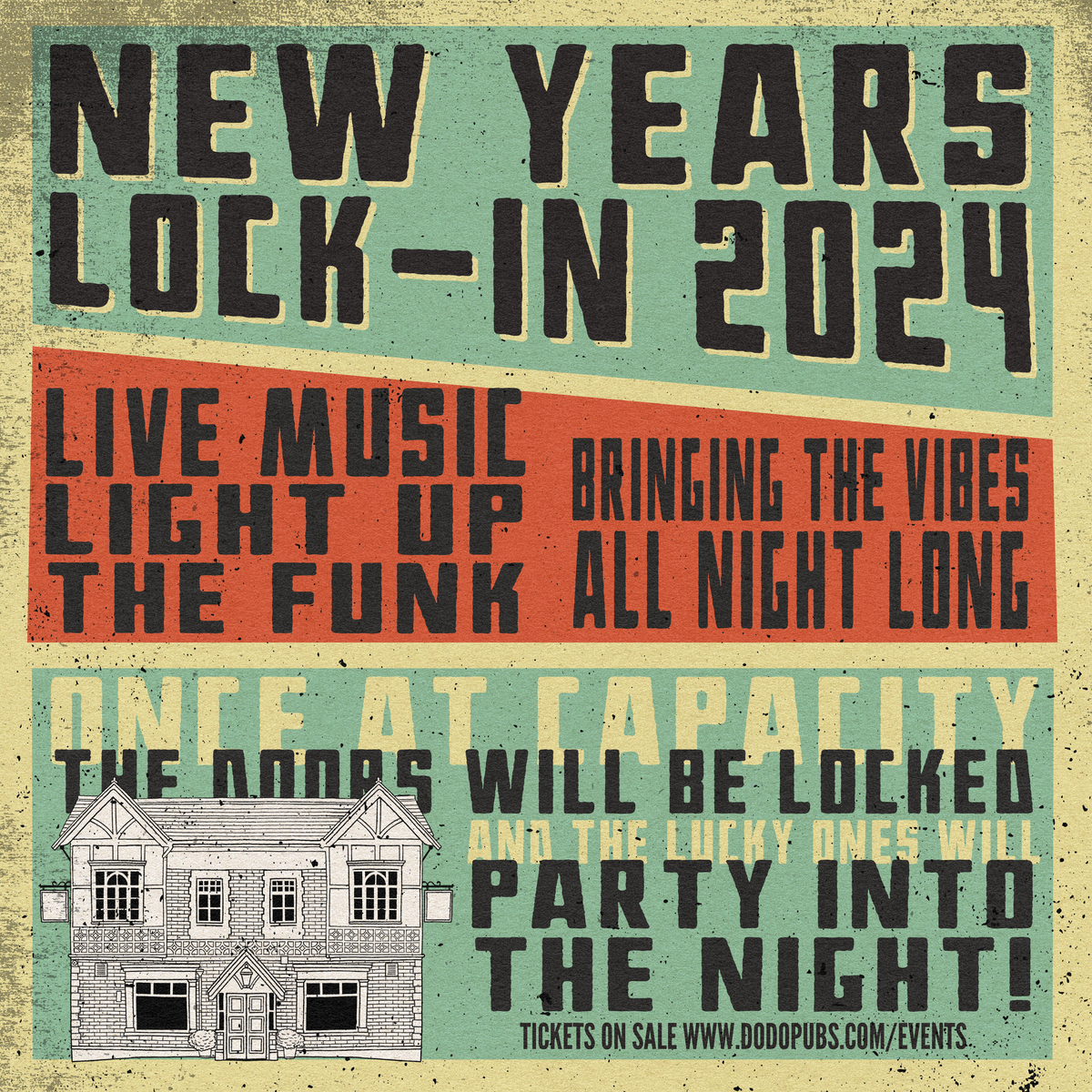 New Year's Lock-In 2024 poster for The All Inn with live music from Light Up The Funk