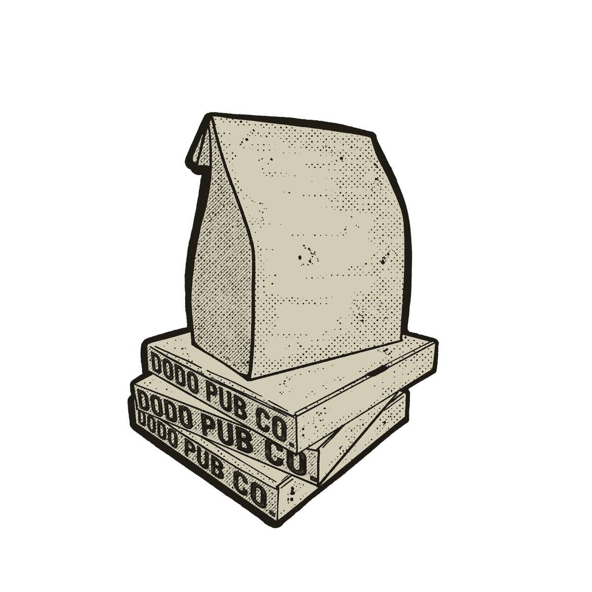 Illustrated Dodo Pub Co takeaway bag on top of stacked pizza boxes