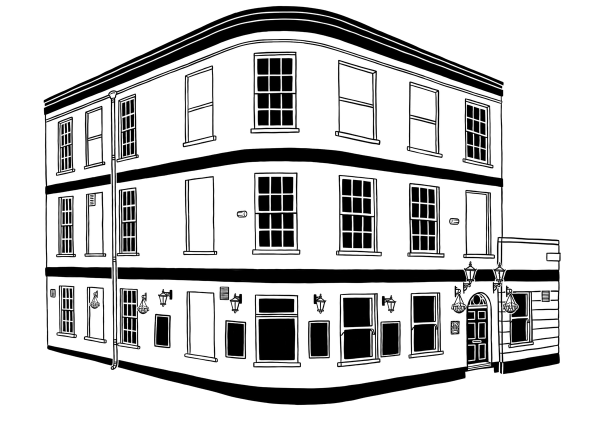 Line illustration of The Airs & Graces pub building