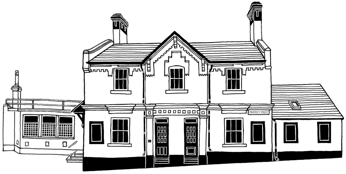 Line illustration of The Last Crumb pub building