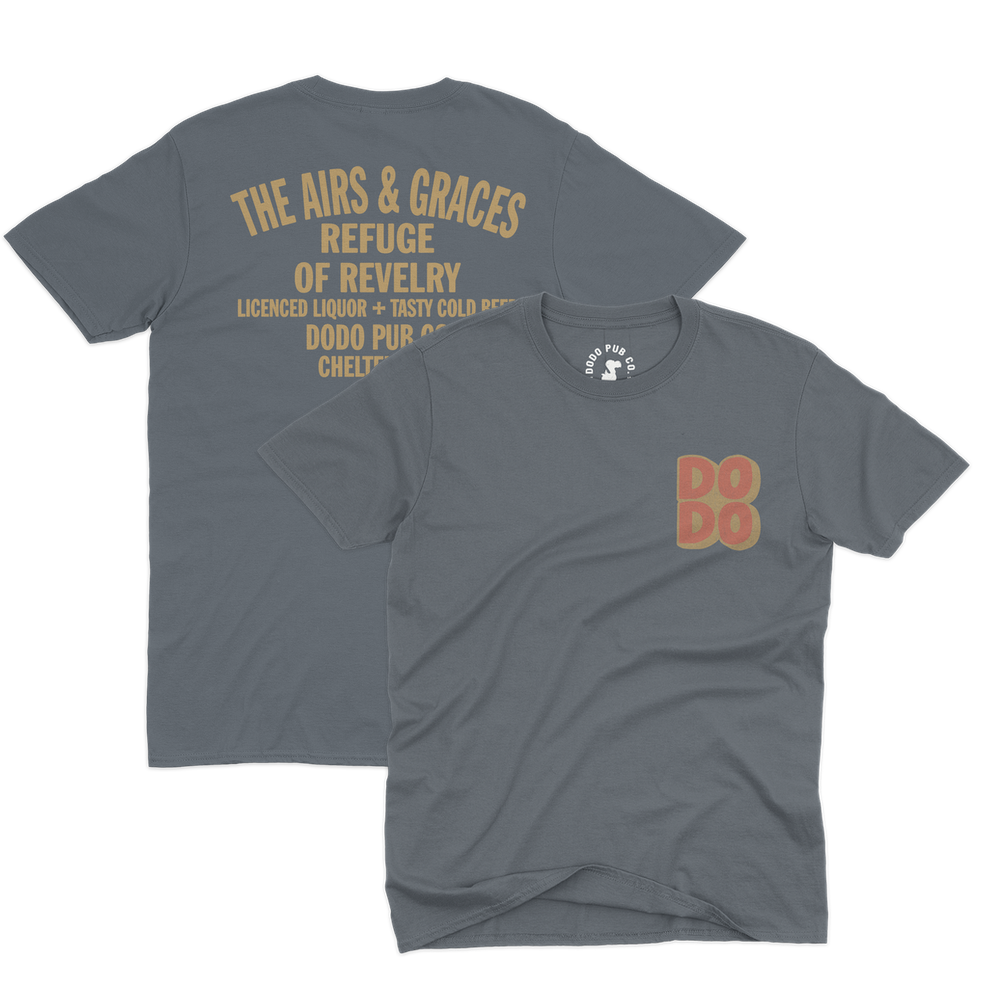 Dark grey The Airs & Graces T-shirt from Dodo Pub Co, Cheltenham, shown front and back