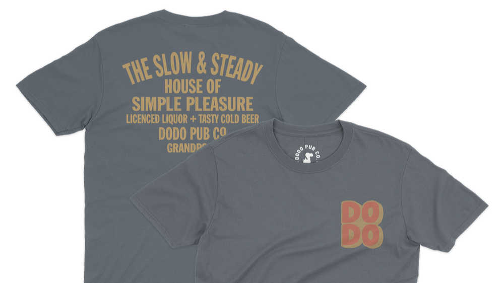 Dark grey The Slow & Steady T-shirt from Dodo Pub Co, Grandpont, shown front and back