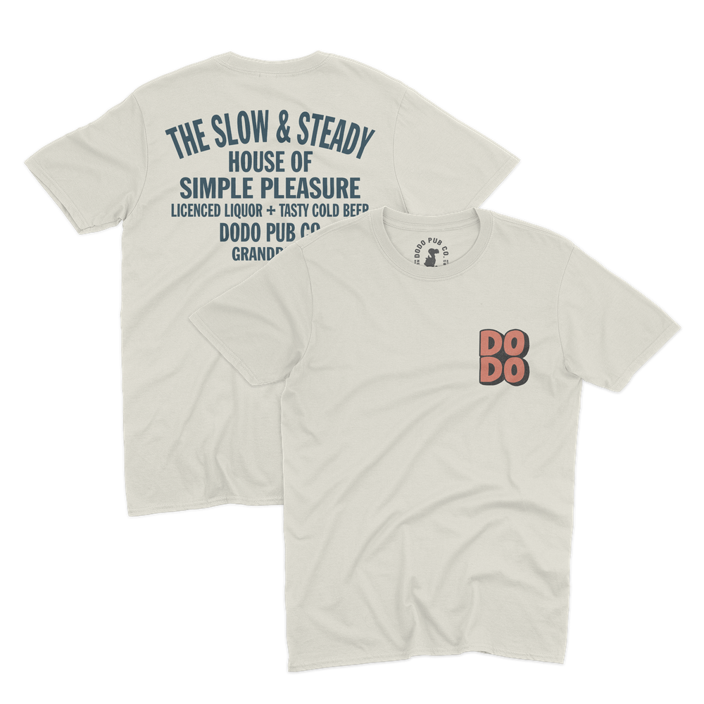 White The Slow & Steady T-shirt from Dodo Pub Co, Grandpont, shown front and back