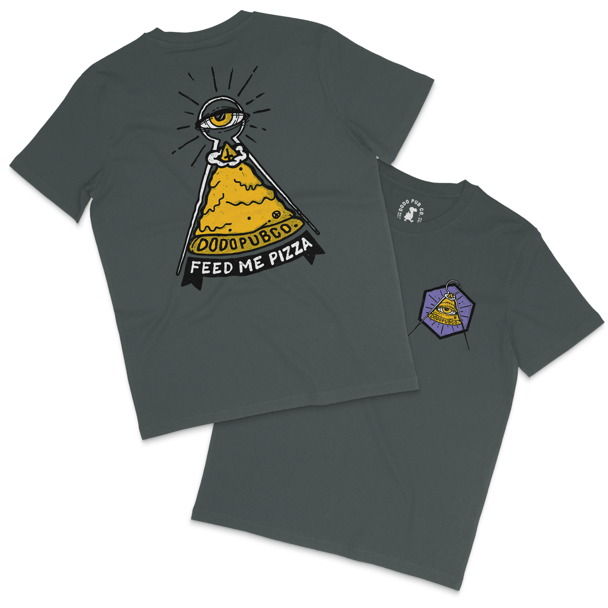 Charcoal Feed Me Pizza T-shirt from Dodo Pub Co, shown front and back