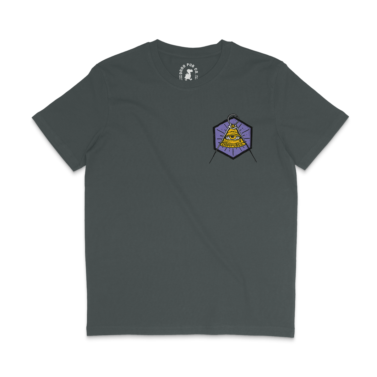 Front of a charcoal Feed Me Pizza T-shirt with a small pizza badge on the chest