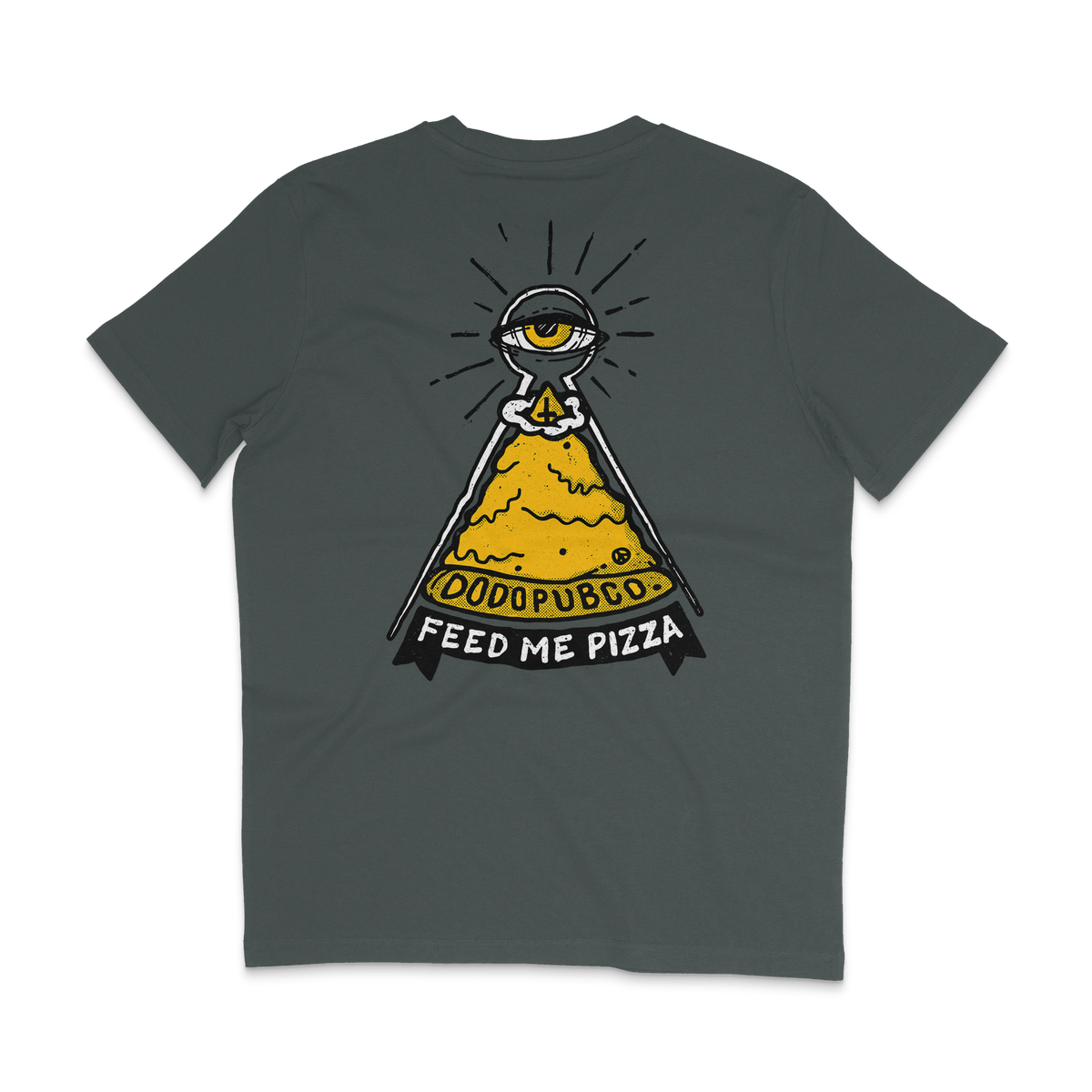 Back of a charcoal Feed Me Pizza T-shirt with an all-seeing-eye pizza slice illustration