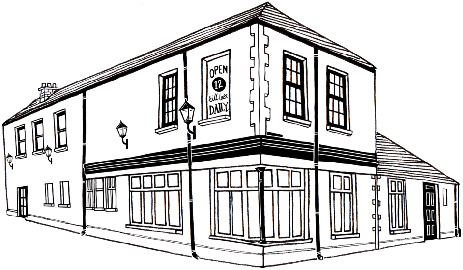 Line illustration of The Rickety Press pub building
