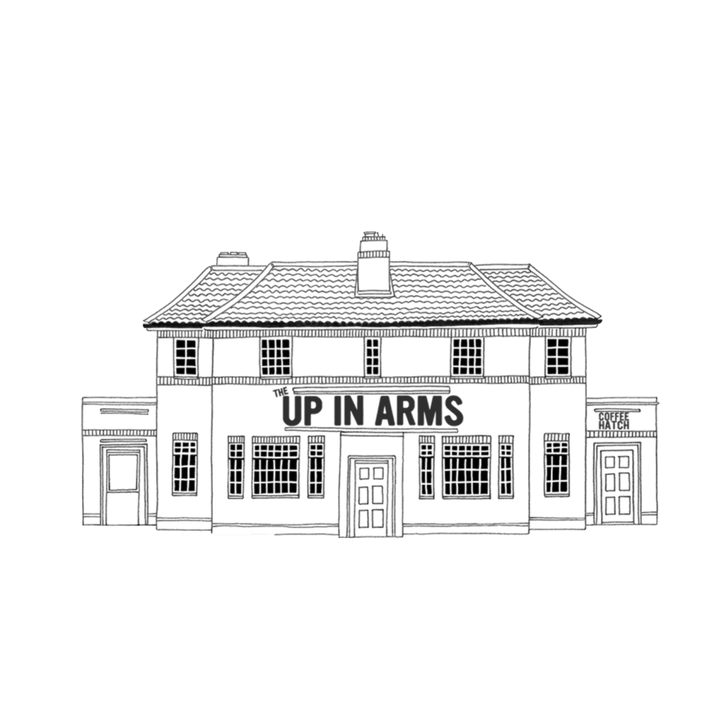 Line illustration of The Up In Arms pub building