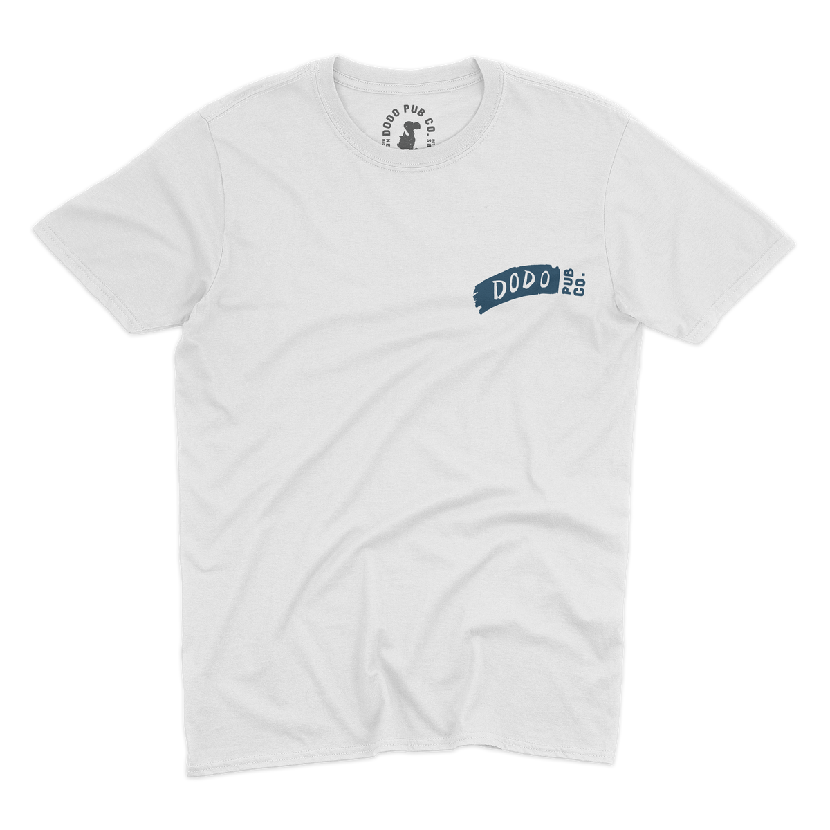 Front of a white Dodo Pub Co burger T-shirt with a small chest logo