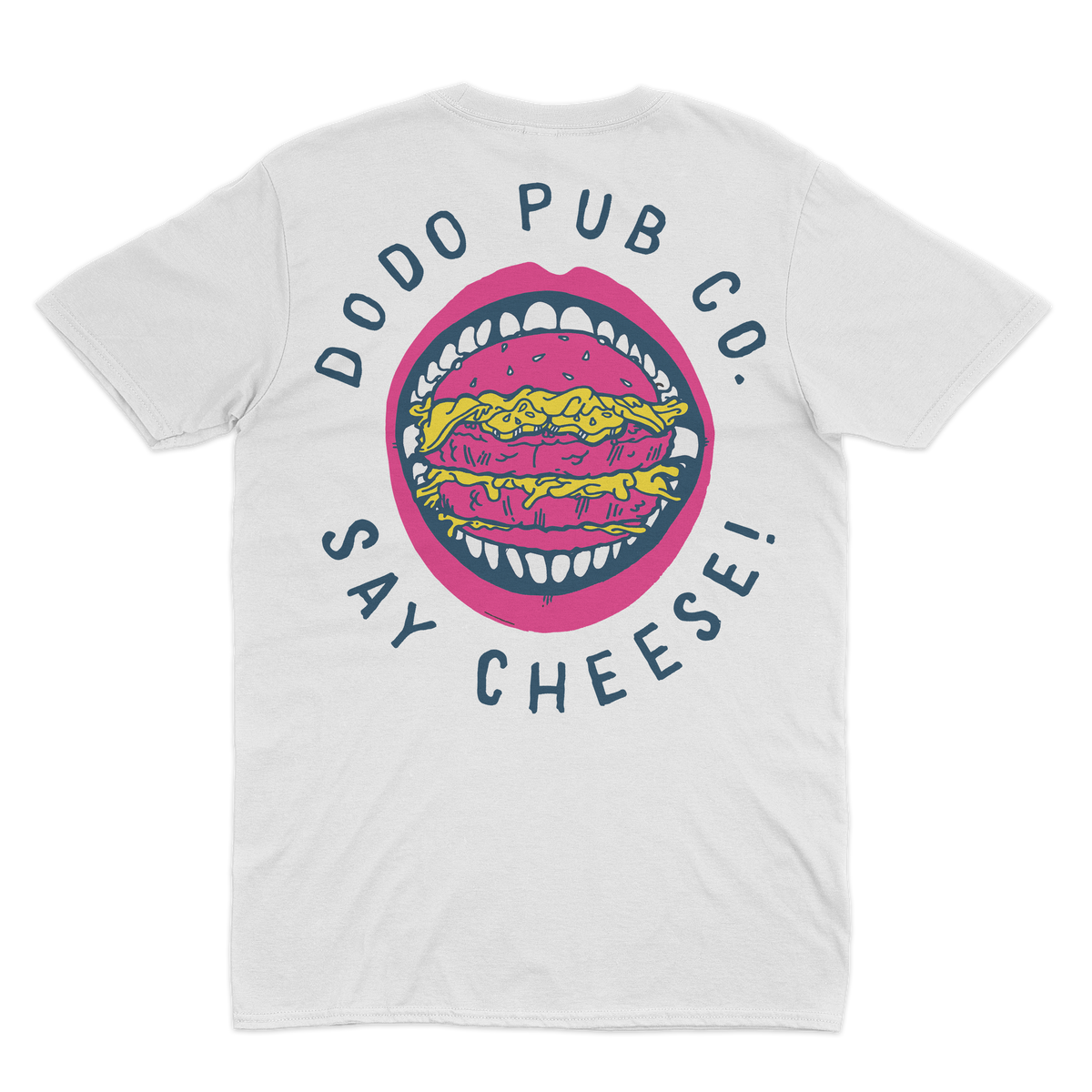 Back of a white Dodo Pub Co "Say Cheese!" T-shirt with a burger-in-mouth illustration