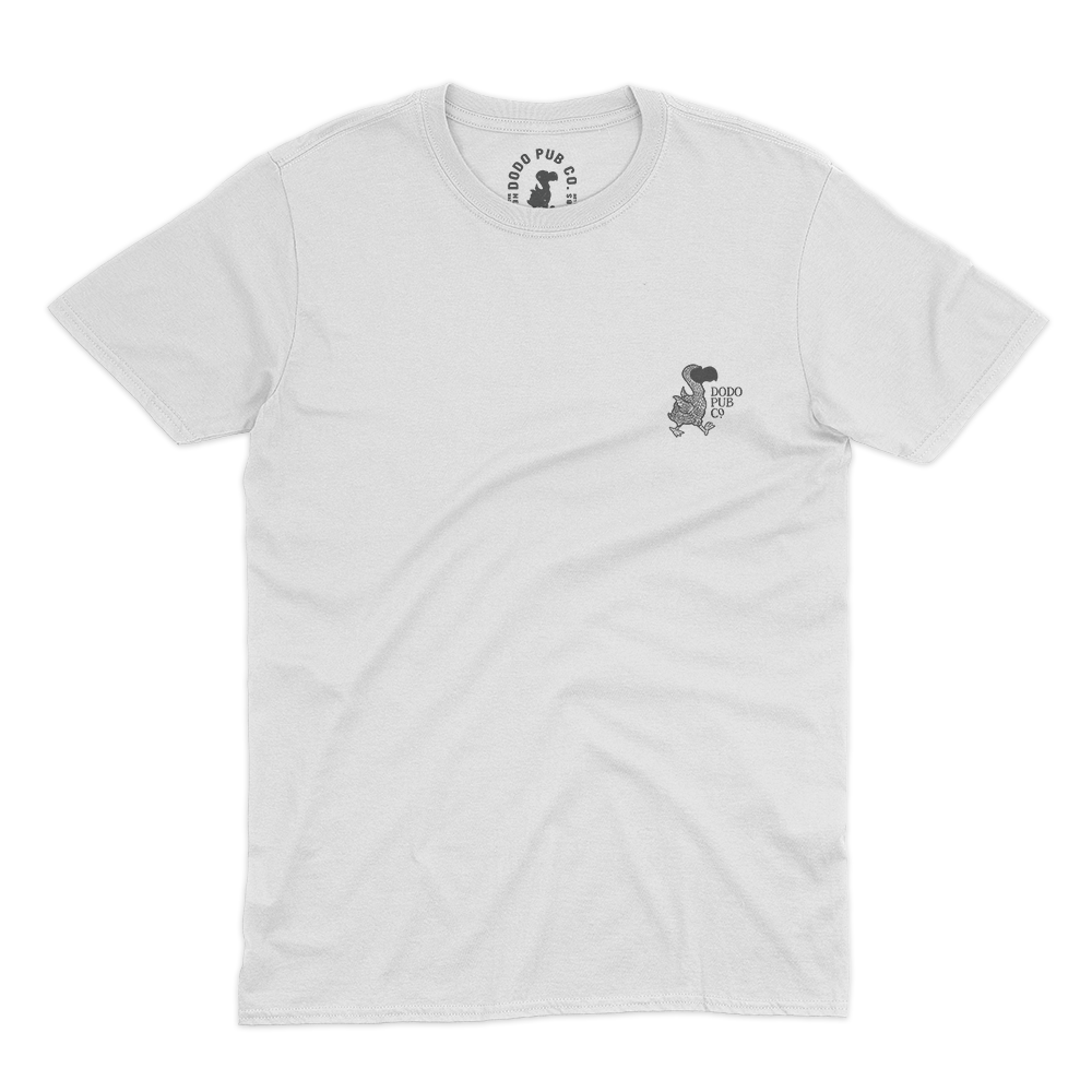 Front of a white Classic Dodo T-shirt with a small dodo chest logo