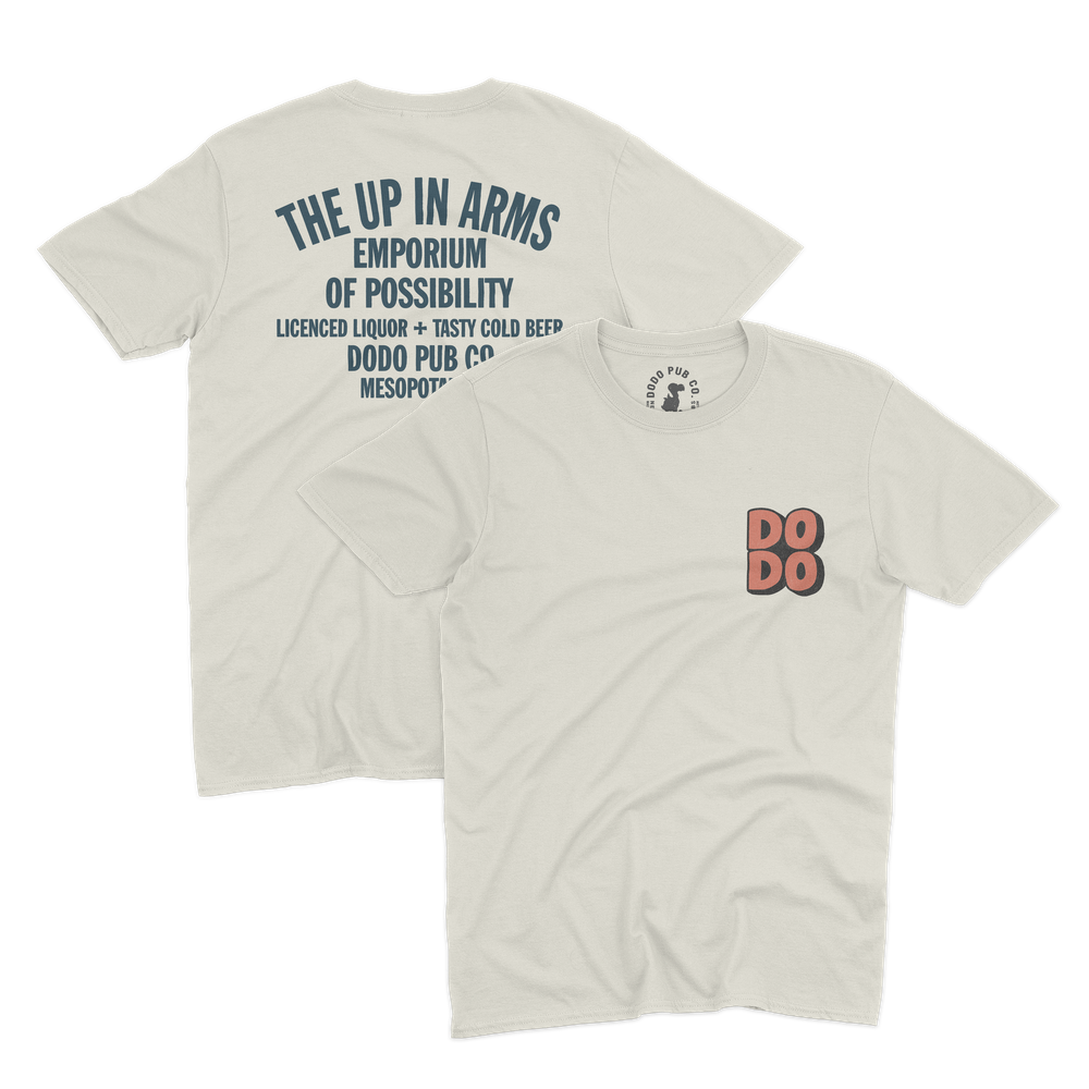 Ecru The Up In Arms T-shirt from Dodo Pub Co, shown front and back