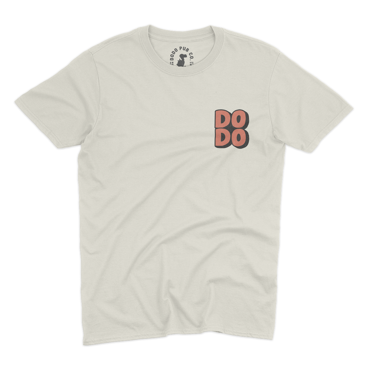 Front of an ecru Dodo Pub Co T-shirt with a small Dodo chest logo