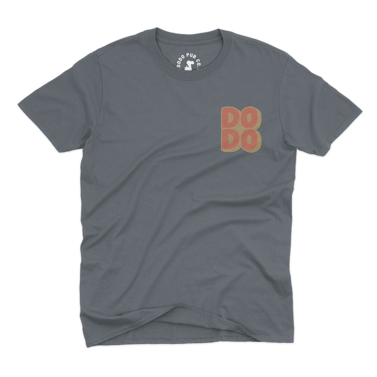 Front of a grey Dodo Pub Co T-shirt with a small Dodo chest logo