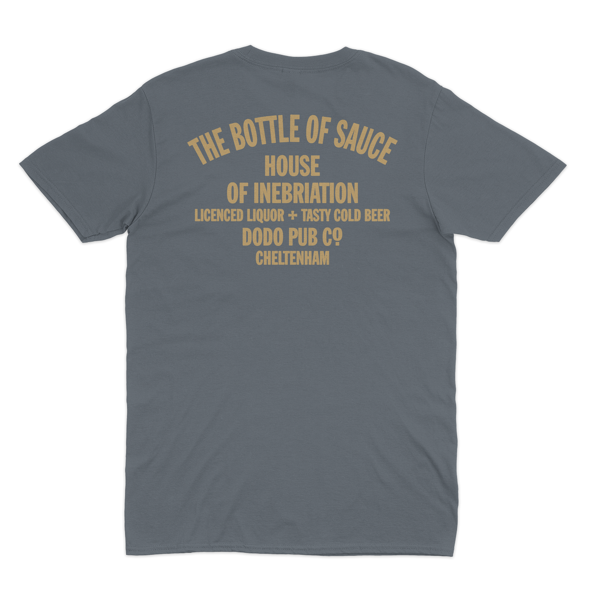 Back of a grey The Bottle of Sauce T-shirt from Dodo Pub Co, Cheltenham
