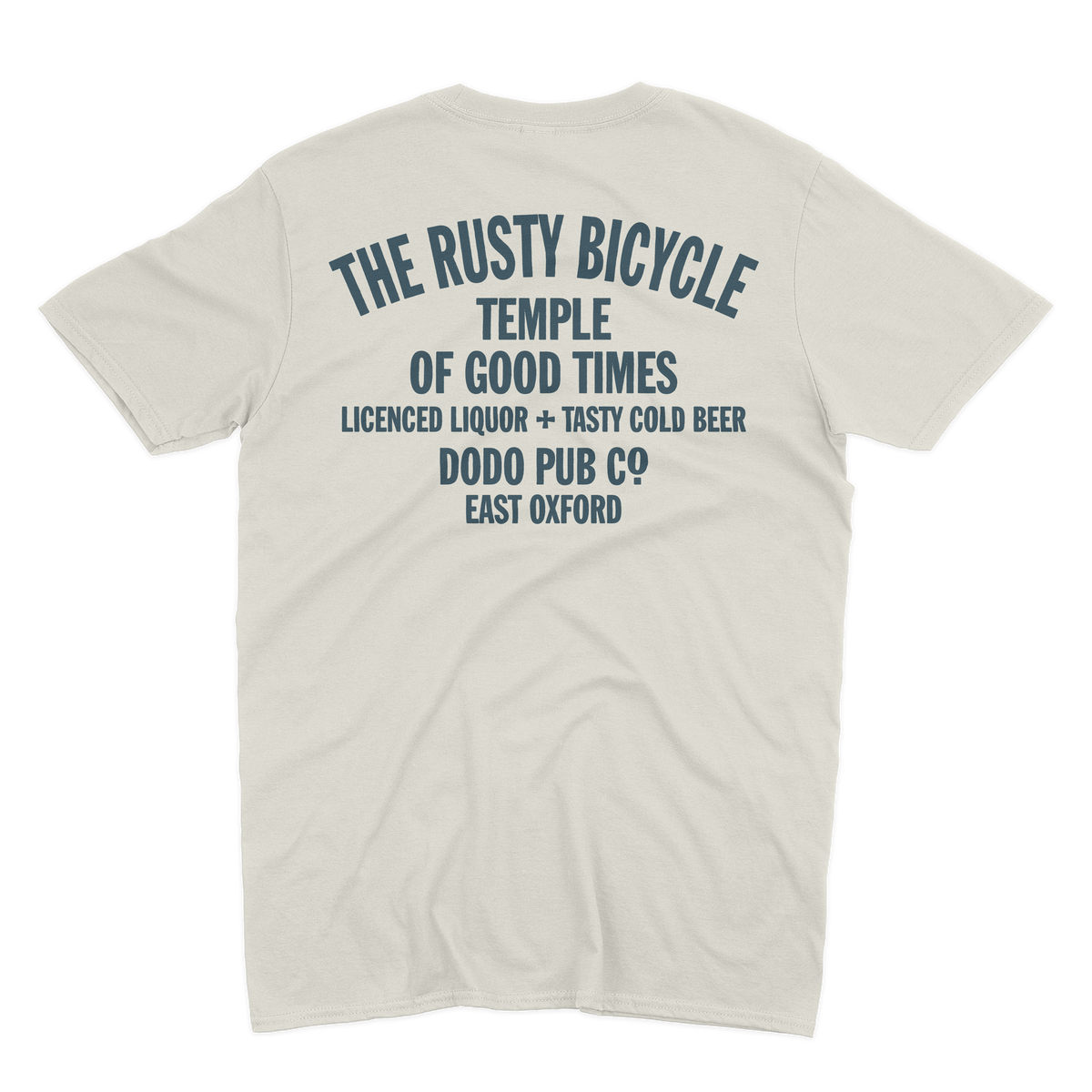 Back of an ecru The Rusty Bicycle T-shirt from Dodo Pub Co, East Oxford