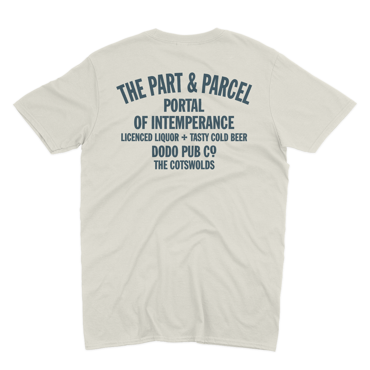 Back of an ecru The Part & Parcel T-shirt from Dodo Pub Co, The Cotswolds