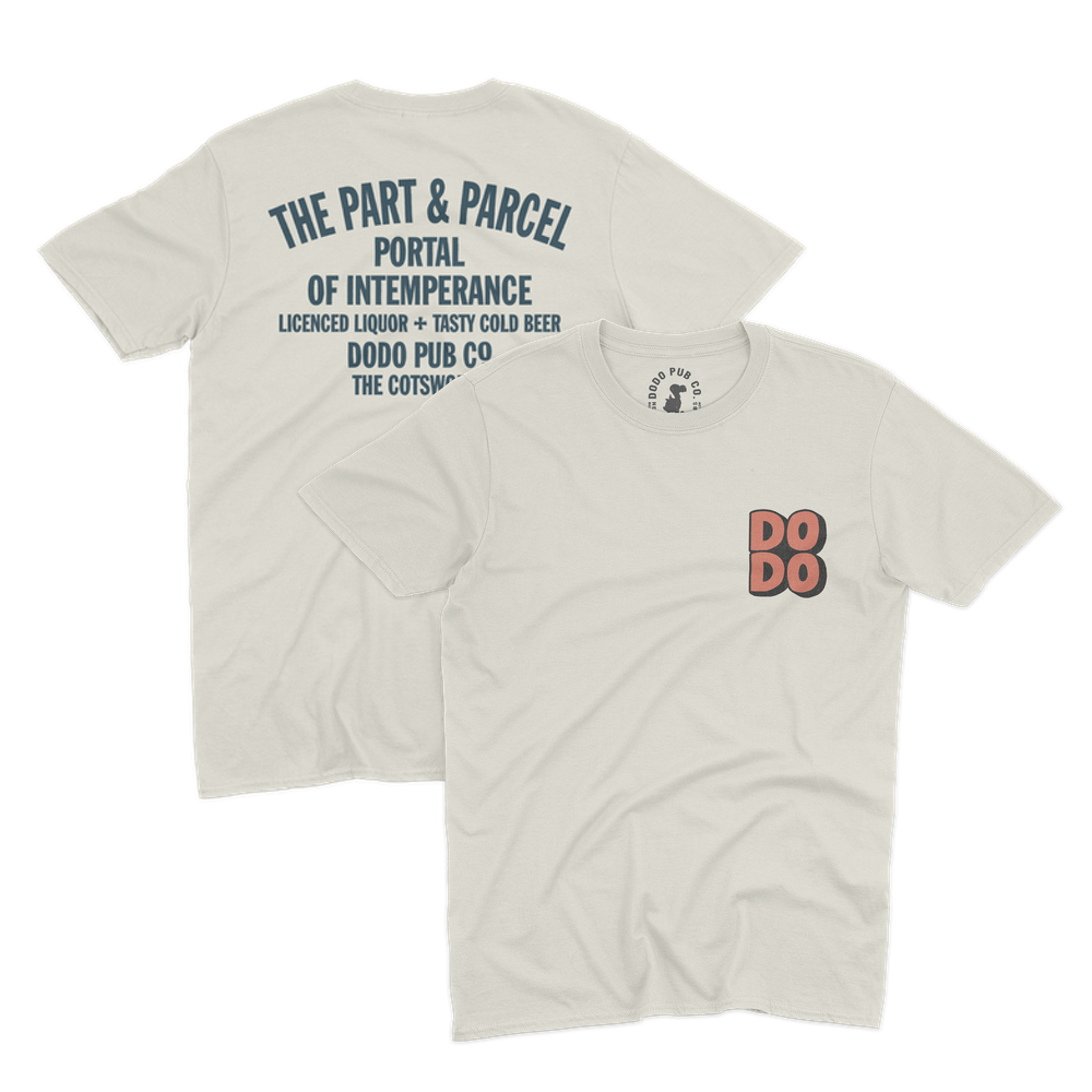 Ecru The Part & Parcel T-shirt from Dodo Pub Co, shown front and back
