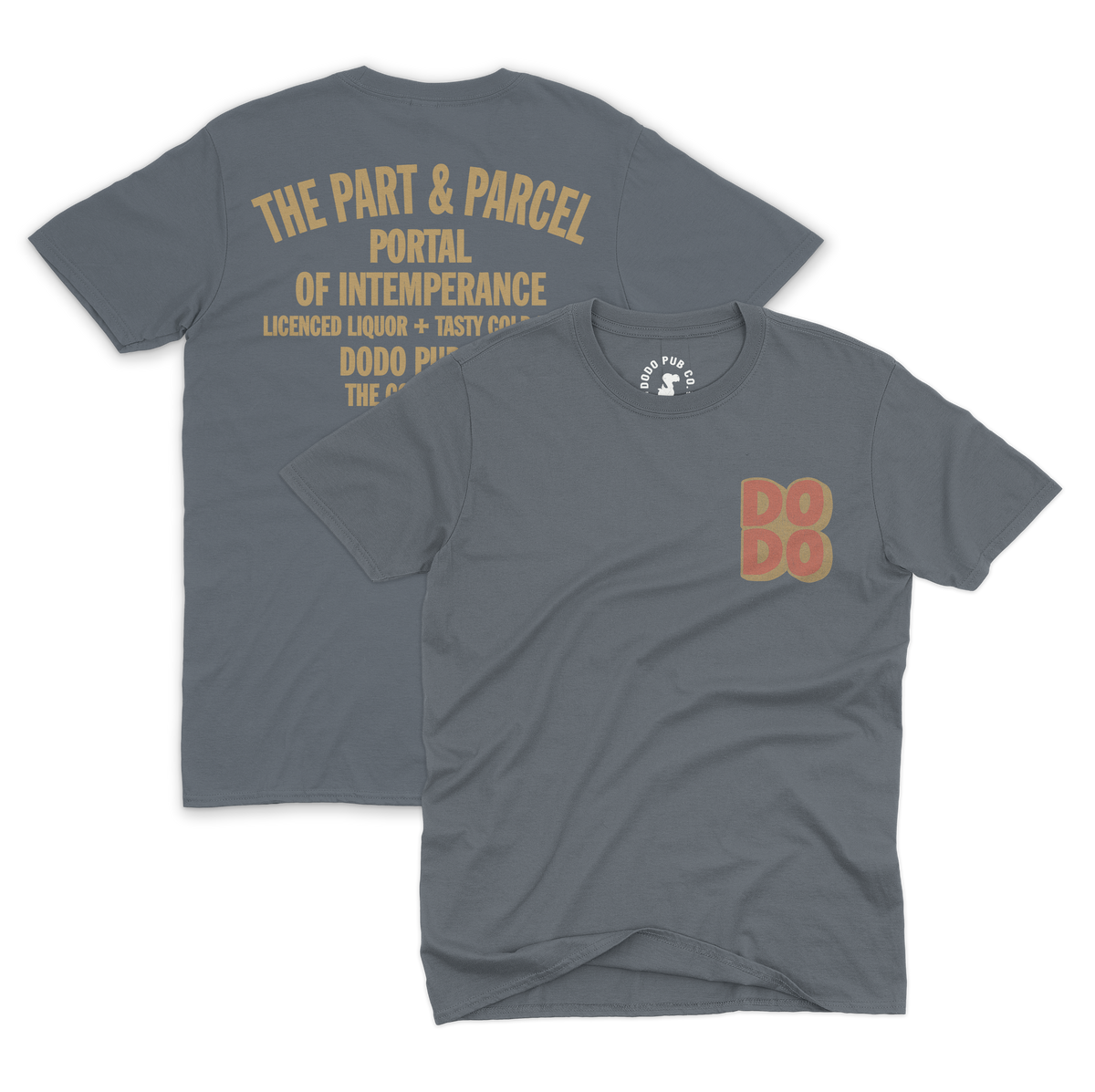 Grey The Part & Parcel T-shirt from Dodo Pub Co, shown front and back