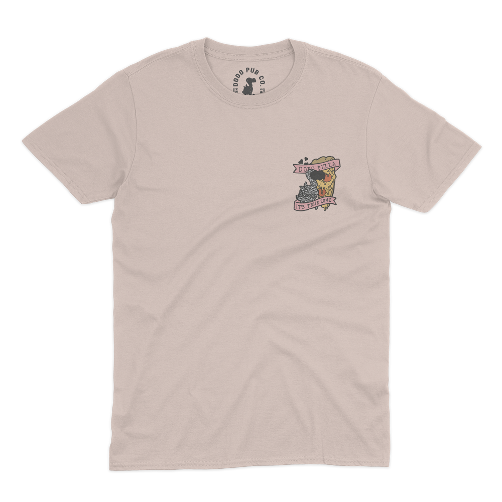Front of a pale pink True Love T-shirt from Dodo Pub Co with a small chest illustration